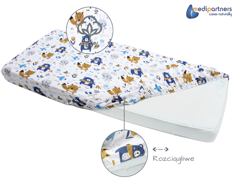 Medi Partners, Boho Animals, prześcieradło z gumką do łóżeczka, bawełniane, 120-60 cm, 3 szt.