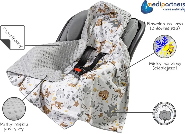 Medi Partners, Jelonki, otulacz do nosidełka z kapturkiem, minky, szary, 85-85 cm