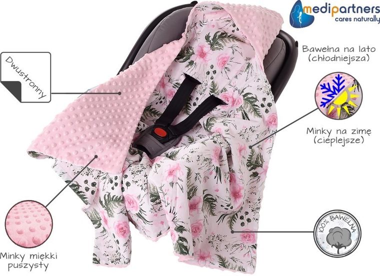 Medi Partners, Kwiaty, otulacz do nosidełka z kapturkiem, minky, różowy, 85-85 cm