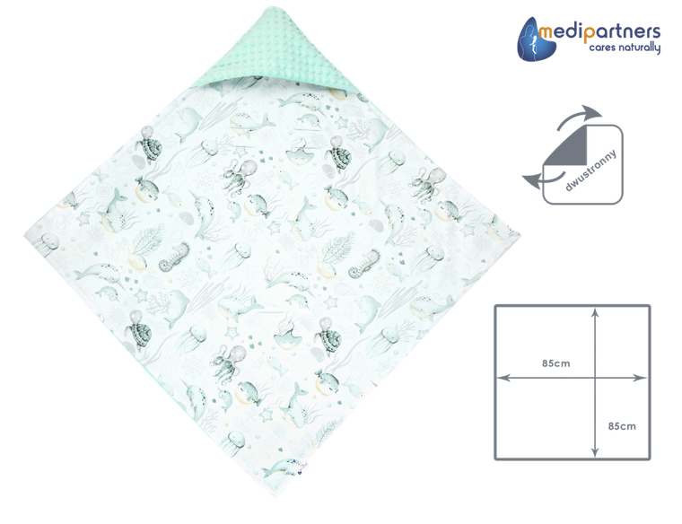 Medi Partners, Ocean, otulacz do nosidełka z kapturkiem, minky, miętowy, 85-85 cm