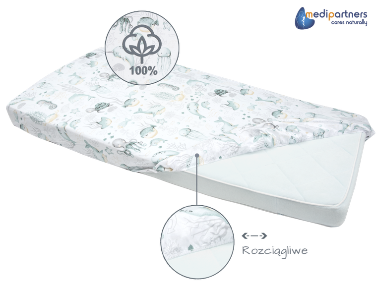 Medi Partners, Ocean, prześcieradło z gumką do łóżeczka, bawełniane, 120-60 cm, 3 szt.