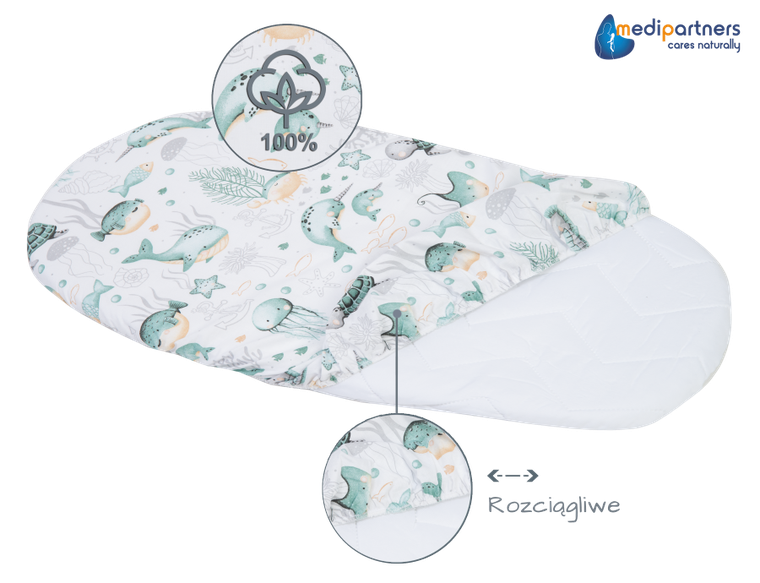 Medi Partners, Ocean, prześcieradło z gumką do łóżeczka, bawełniane, 86-40 cm, 3 szt.