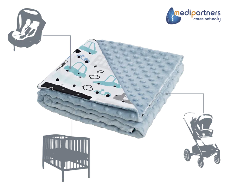 Medi Partners, Samochody, kocyk minky, jasnoniebieski, 75-100 cm