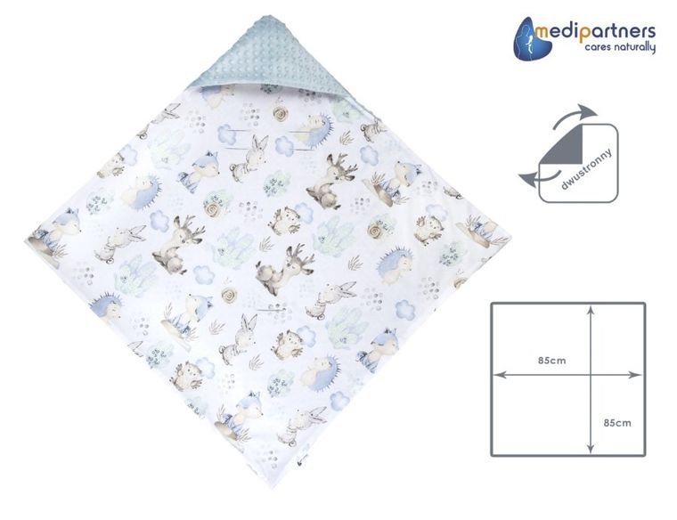 Medi Partners, Sarny, Jeż, otulacz do nosidełka z kapturkiem, minky, błękit, 85-85 cm