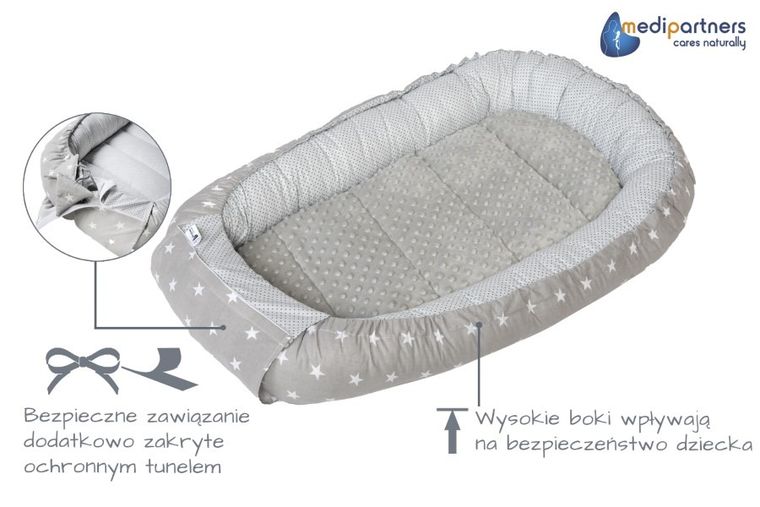 Medi Partners, Stars, gniazdo niemowlęce, kokon w zestawie, szary