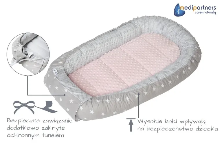 Medi Partners, Stars, gniazdo niemowlęce, kokon w zestawie, szary, jasnoróżowy