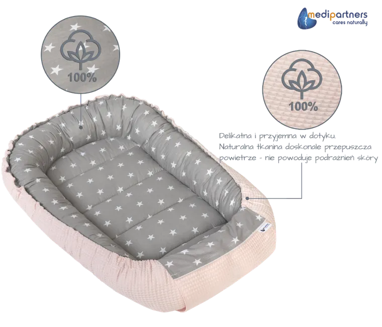 Medi Partners, Stars, gniazdo niemowlęce, kokon, wafel, szary, róż