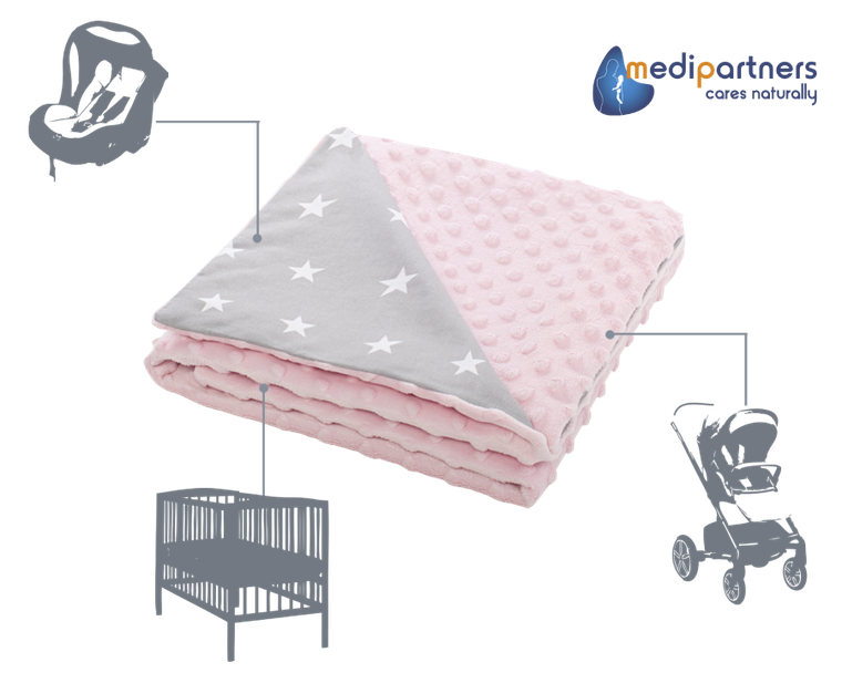 Medi Partners, Stars, kocyk minky, szary, jasny róż, 75-100 cm