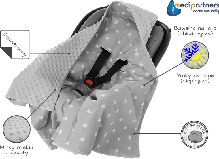 Medi Partners, Stars, otulacz do nosidełka z kapturkiem, minky, szary, 85-85 cm