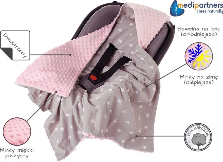 Medi Partners, Stars, otulacz do nosidełka z kapturkiem, minky, szary, jasny różowy, 85-85 cm