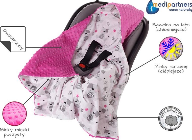 Medi Partners, Teddy, otulacz do nosidełka z kapturkiem, minky, ciemny różowy, 85-85 cm