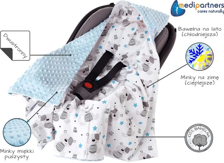 Medi Partners, Teddy, otulacz do nosidełka z kapturkiem, minky, jasny niebieski, 85-85 cm