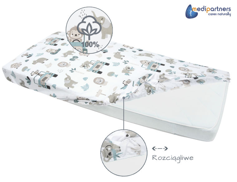 Medi Partners, Zoo, prześcieradło z gumką do łóżeczka, bawełniane, 120-60 cm, 3 szt.