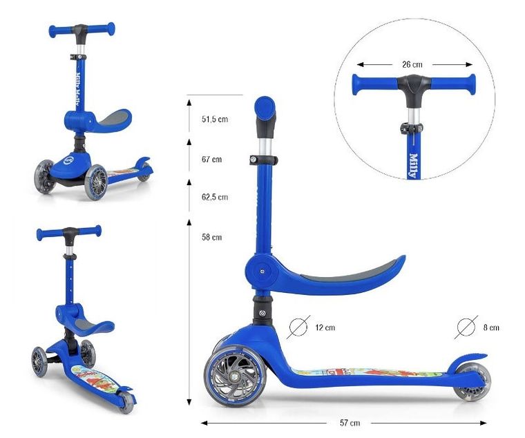 Milly Mally, Scooter Fuzzy, hulajnoga 3-kołowa, 2w1, blue