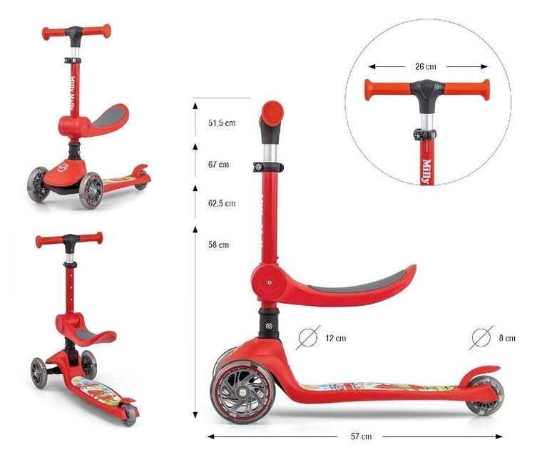 Milly Mally, Scooter Fuzzy, hulajnoga 3-kołowa, 2w1, red