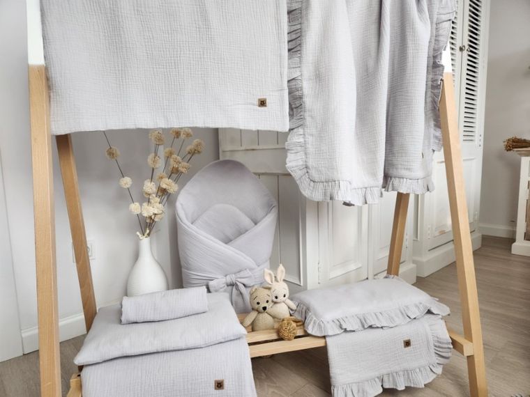 MimiNu, 2-częściowy komplet pościeli z wypełnieniem, całoroczny, muślin bawełniany, szary, 60-70 cm + 40-30 cm