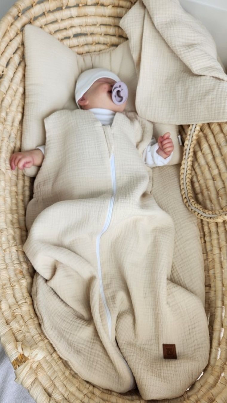 MimiNu, Avi, muślinowy śpiworek na suwak, ciepły beż, letni, TOG 0.5, 3-12m