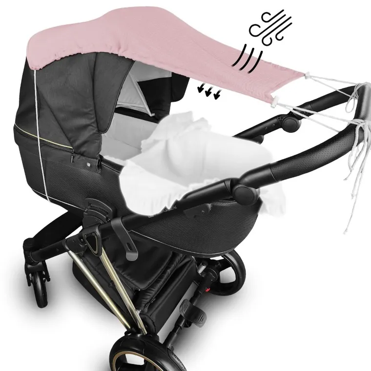 MimiNu, daszek do wózka, przeciwsłoneczna osłonka, muślin bawełniany, pudrowy róż