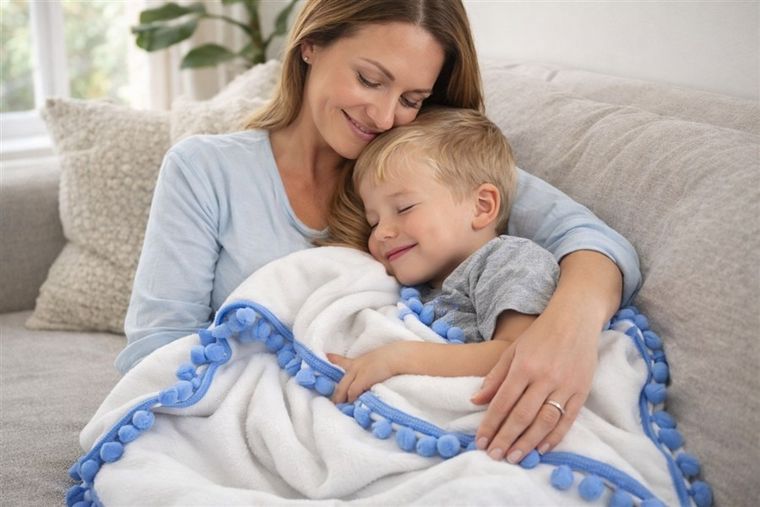 MimiNu, kocyk z pomponami, polar, biały + błękitne pompony, 75-100 cm