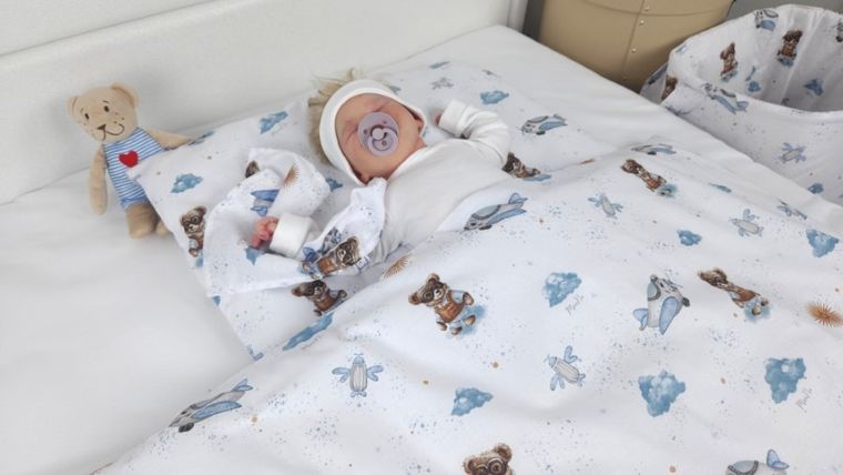 MimiNu, Misie, 2-częściowy komplet pościeli z wypełnieniem, błękit, 120-90 cm