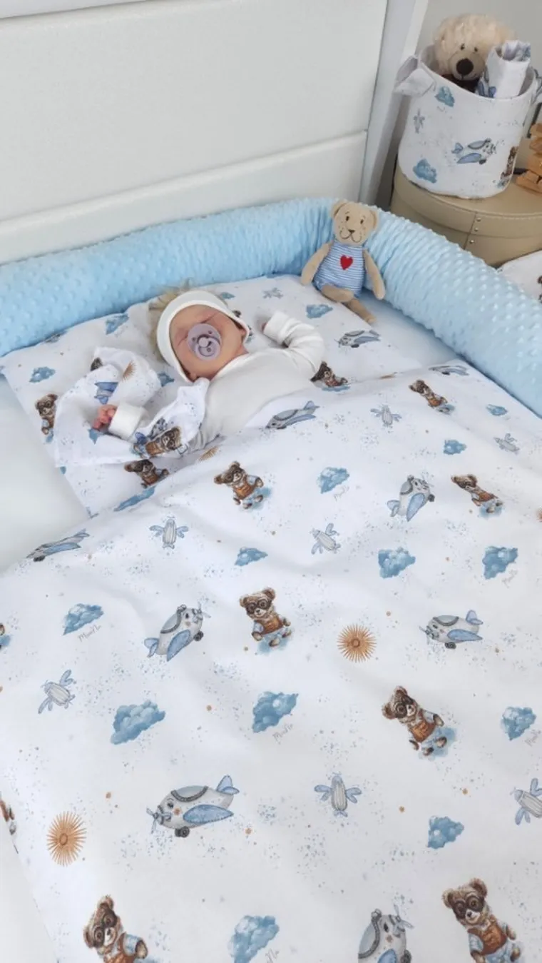 MimiNu, Misie, 2-częściowy komplet pościeli z wypełnieniem, błękit, 135-100 cm