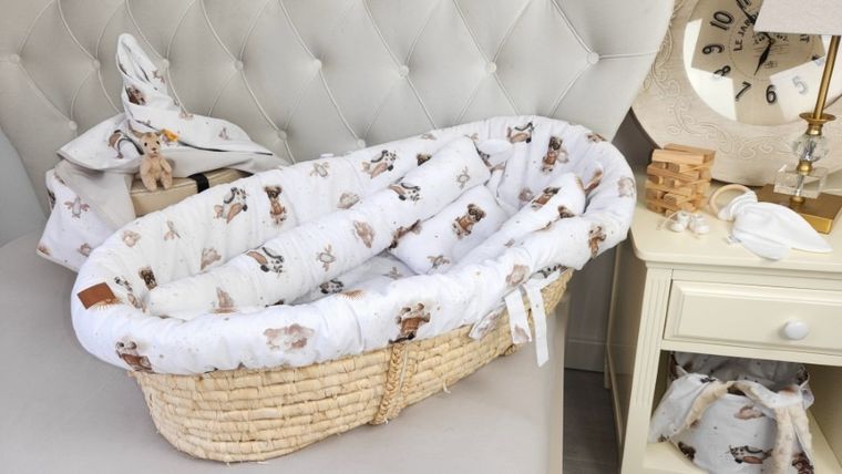 MimiNu, Misie, zestaw do gondoli/kosza Mojżesza: ochraniacz, poduszka, materac, beż