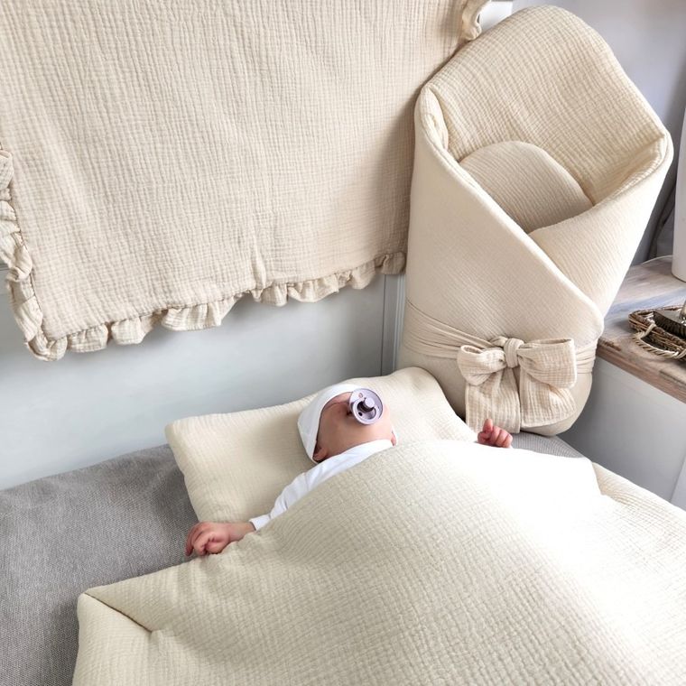 MimiNu, muślinowy rożek niemowlęcy, z kokardą, ciepły beż