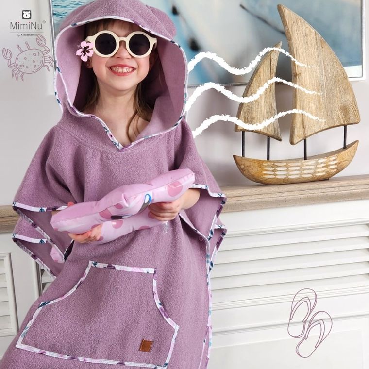 MimiNu, ponczo termofrotte z kieszonką, beż, róż, 4-7 l.