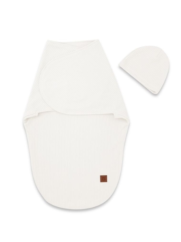 MimiNu, Soft, Leo, komplet: otulaczek do spania + czapeczka, śmietanka, 0-3m