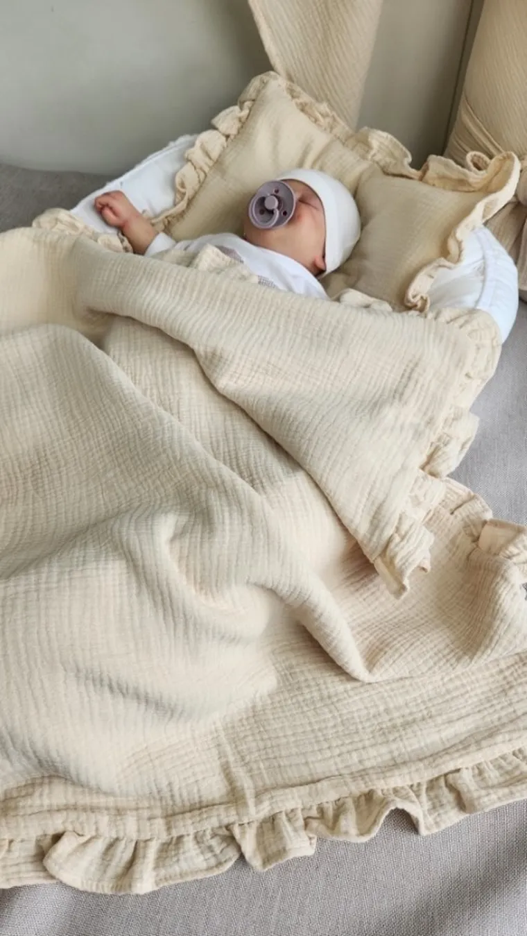 MimiNu, zestaw: muślinowy kocyk i poduszka z poszewką, ciepły beż