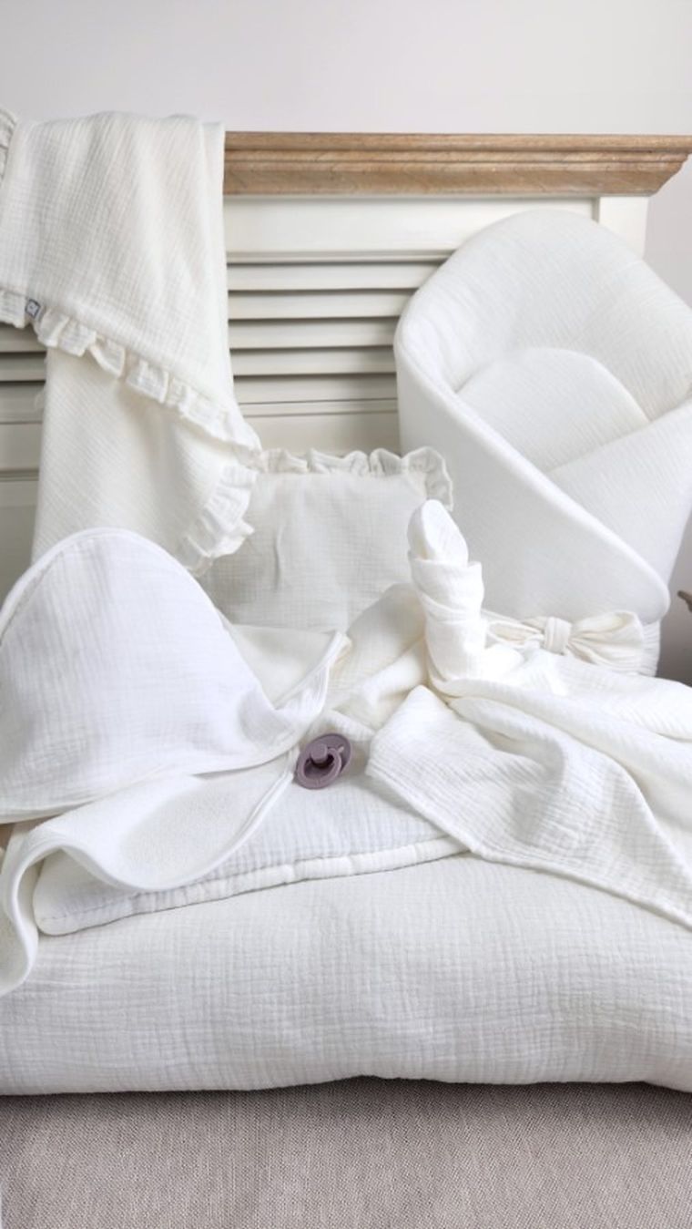 MimiNu, zestaw: muślinowy kocyk i poduszka z poszewką, śmietanka