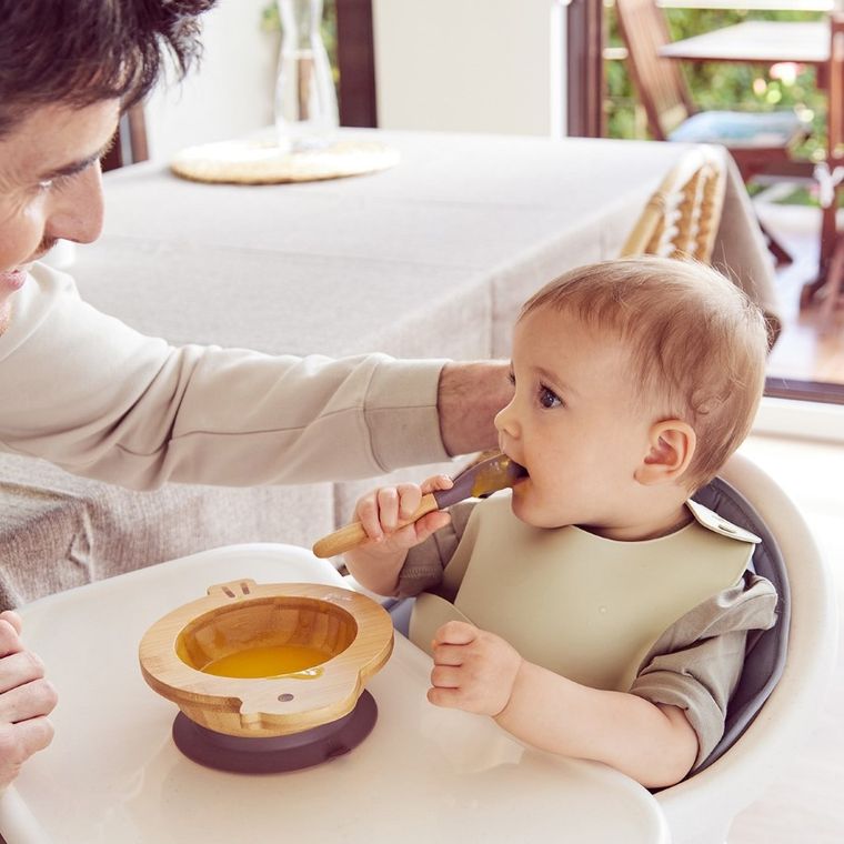 Miniland, Ptaszek, ECO-friendly, drewniana miseczka z przyssawką i przegródkami do karmienia metodą BLW