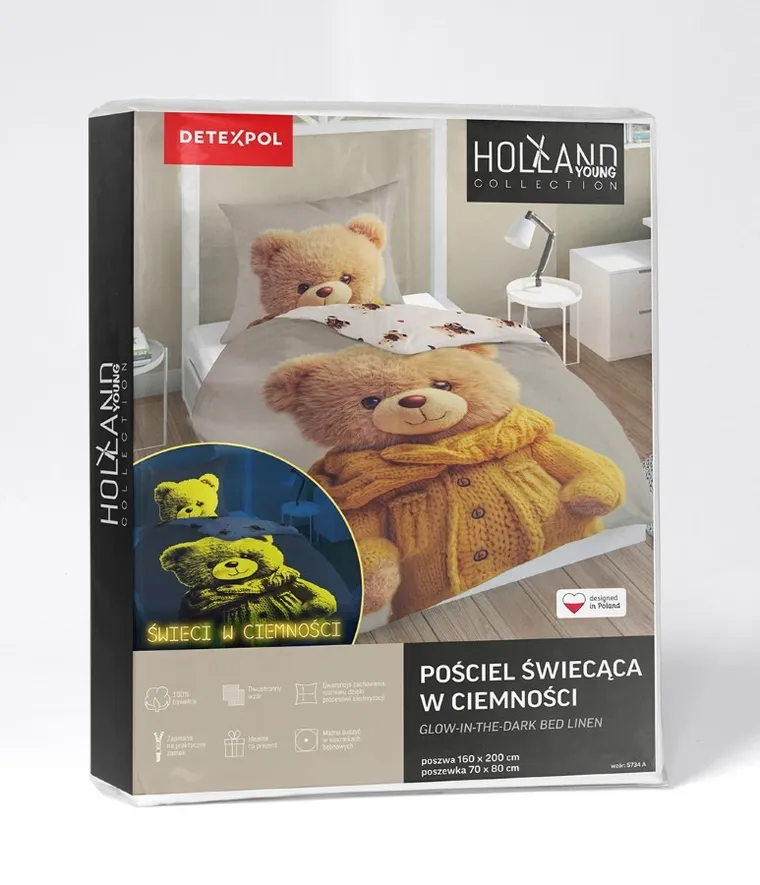 Miś, 2-częściowy komplet pościeli bawełnianej, świecąca w ciemności, 160-200 cm