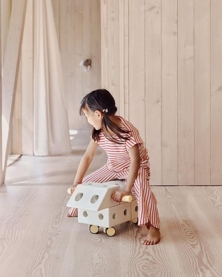 Modu, Explorer Set, kreatywne klocki rozwijające motorykę dużą, z funkcją jeździka, Sand Grey/Honey Yellow