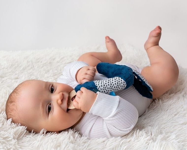 Mom's Care, Jamiś, pastelowy piszczek z gryzakiem, zabawka sensoryczna, granatowy