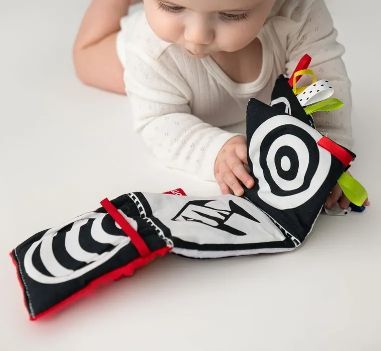 Mom's Care, mała książeczka, kontrastowa zabawka sensoryczna, różowa