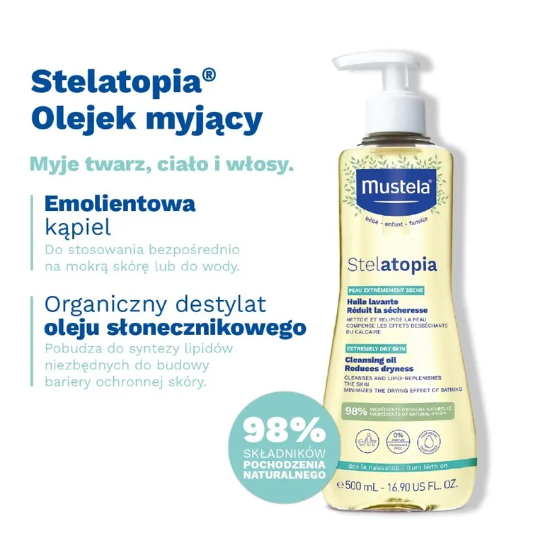 Mustela, Stelatopia Cleansing Oil, olejek do mycia dla dzieci i niemowląt od 1 dnia życia, 500 ml