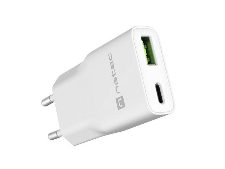 Natec, ładowarka sieciowa, RIBERA GAN SLIM USB-A USB-C 20W, biała