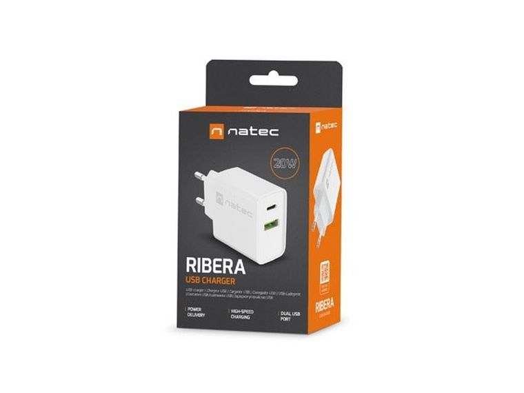 Natec Ładowarka Sieciowa Ribera USB-a + USB-c 20w Power Delivery, biała Nuc-2061