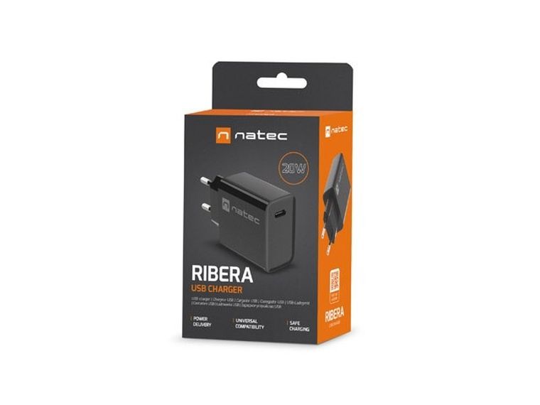 Natec Ładowarka Sieciowa Ribera USB-c 20w Power Delivery, czarna Nuc-2060