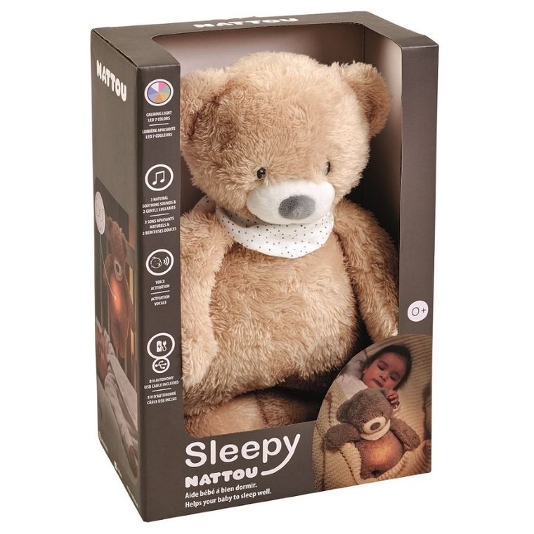 Nattou, Miś, lampka nocna pluszowa 4w1 z czujnikiem płaczu, Sleepy Bear, jasny brąz, 0m+