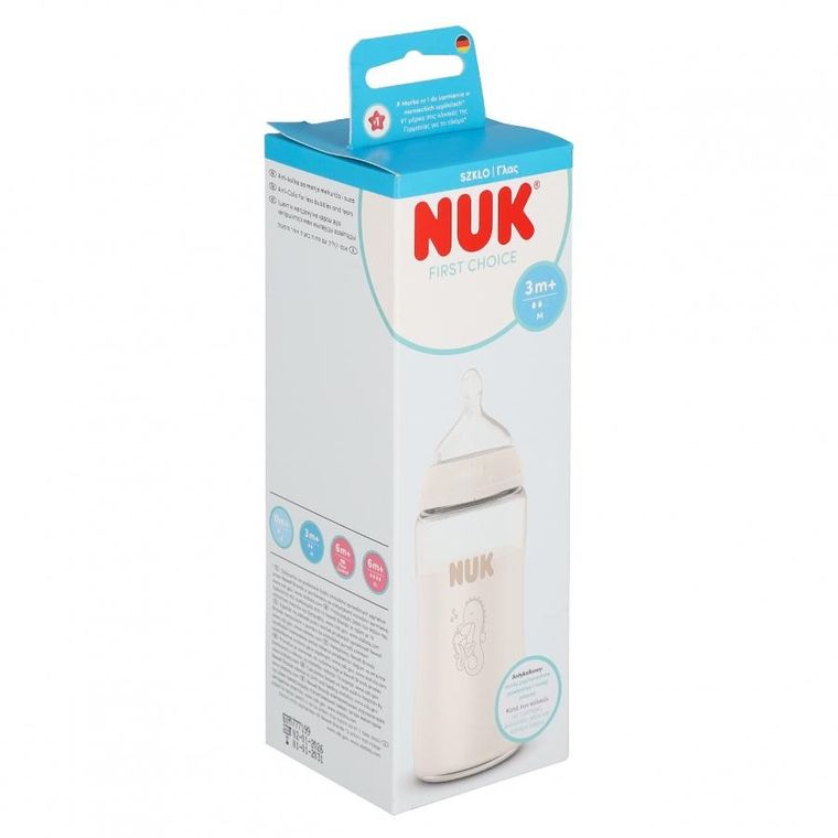 Nuk, First Choice, butelka szklana z silikonowym smoczkiem, rozmiar M, konik morski, 240 ml