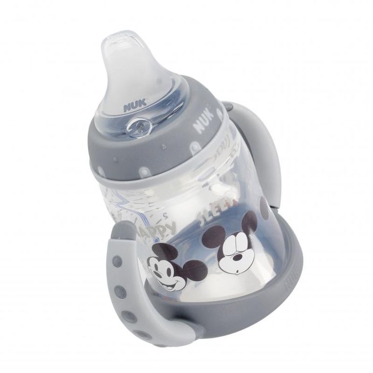 Nuk, First, Myszka Miki, butelka z uchwytem, smoczek lateksowy, 6m+, popiel, 150 ml