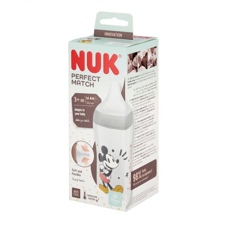Nuk, Myszka Miki, Perfect Match, butelka, silikonowy smoczek, rozmiar M, 260 ml
