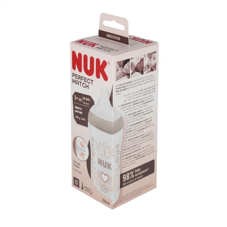 Nuk, Perfect Match, butelka, silikonowy smoczek, rozmiar M, serca, 260 ml