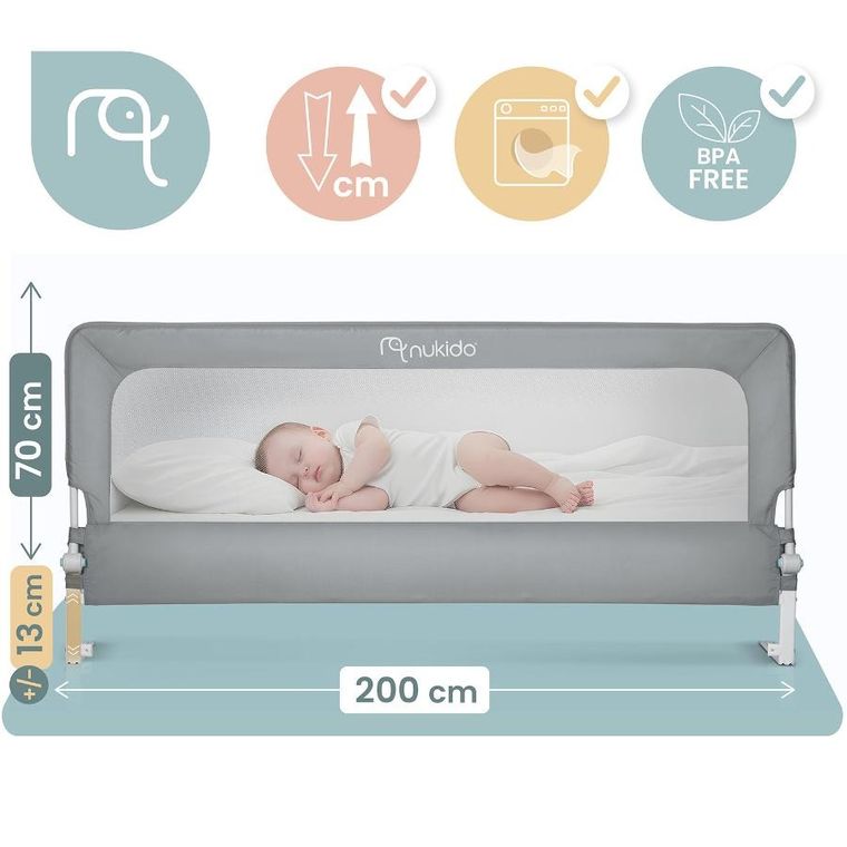 Nukido, NK-228, barierka ochronna do łóżka, szara, 200 cm