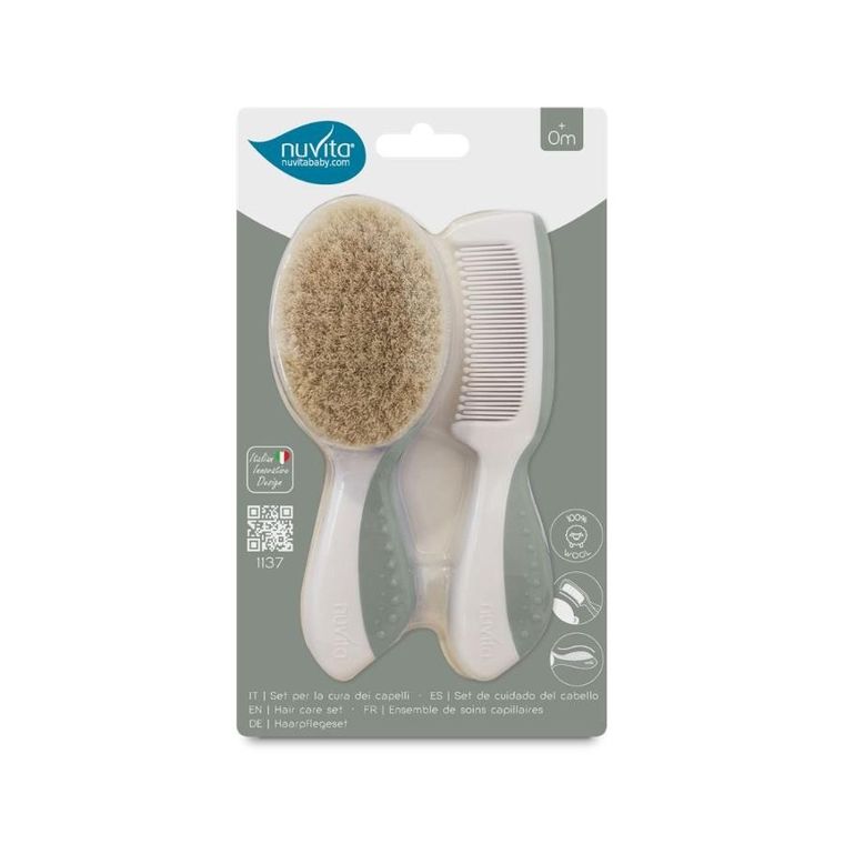 Nuvita, zestaw na ciemieniuchę: szczotka i grzebień, naturalne włosie, sage green