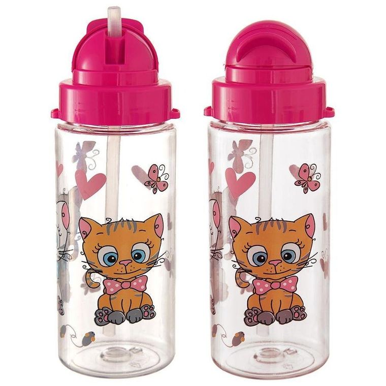 Orion, bidon zamykany ze słomką i paskiem, różowa, kotki, Tritan, 490 ml