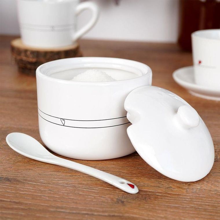 Orion, cukierniczka z łyżeczką i pokrywką, ceramiczna biała, serduszka