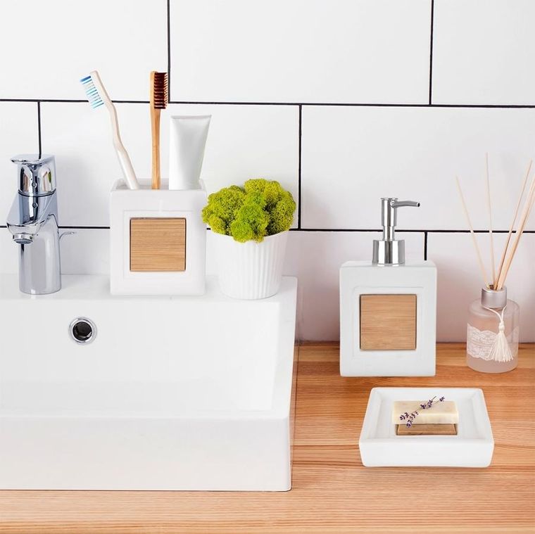 Orion, kubek łazienkowy, dolomitowy, bambusowy, biały